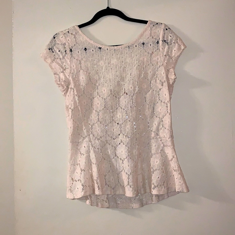 Rarely worn scoop-back flower-lace peplum top. (Comes to waist length)